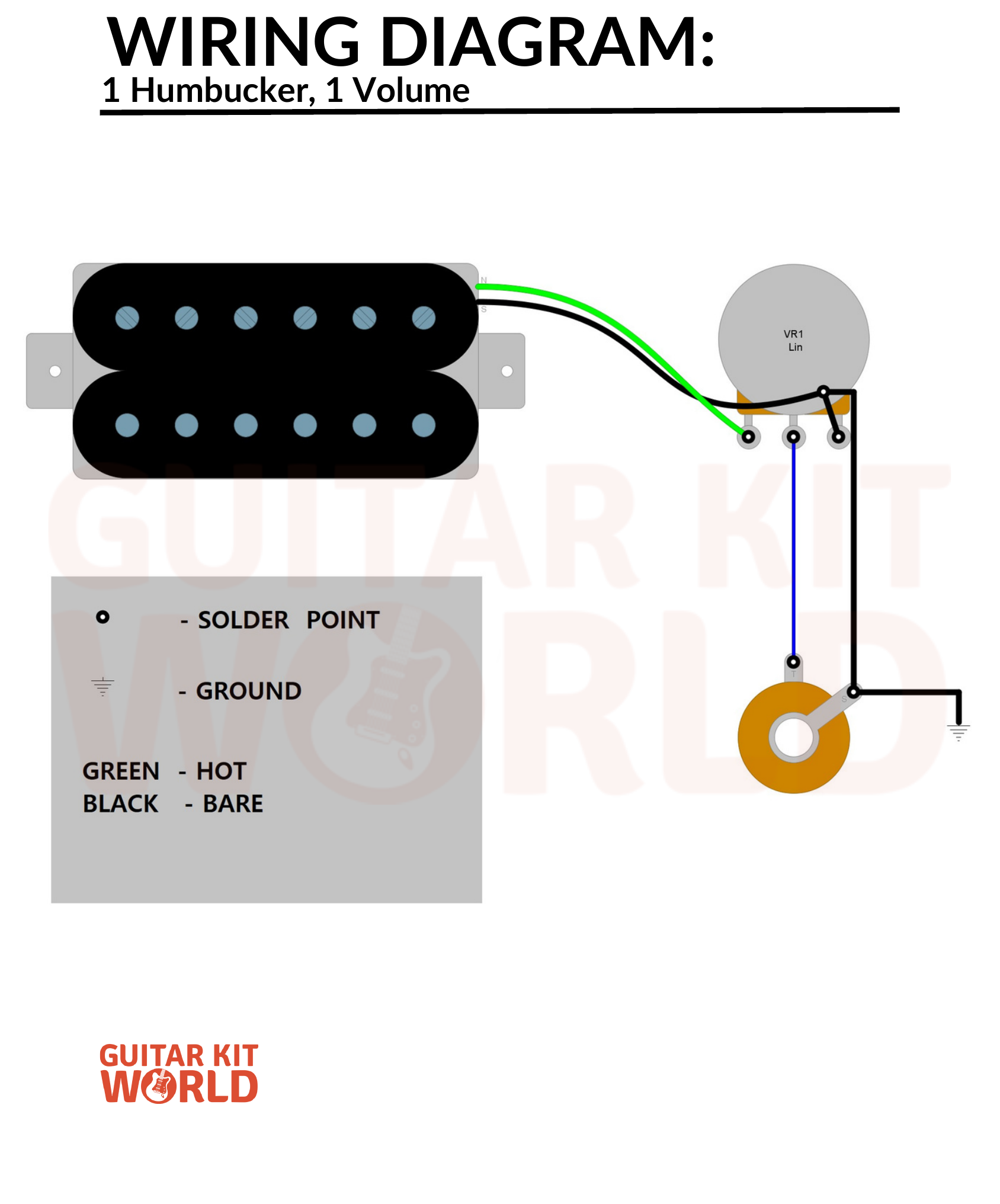 Single Humbucker Wiring Diagram: 1 Volume Only for DIY guitar kits