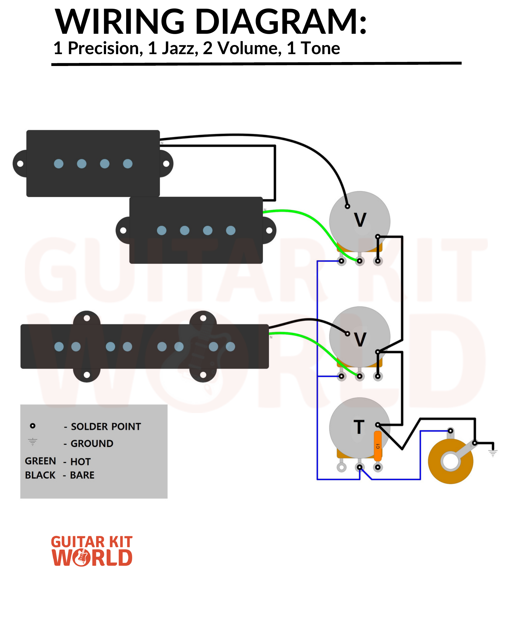 Split-Coil + Single-Coil Bass Wiring Diagram: 2 Volume, 1 Tone for DIY guitar kits