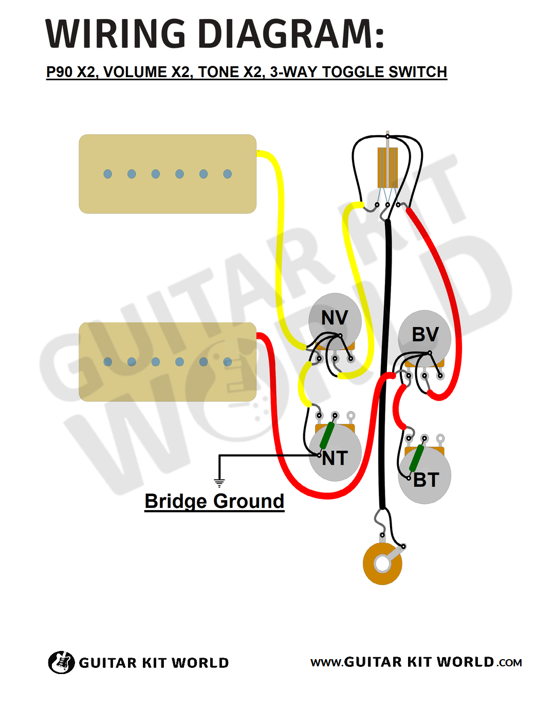2x P90 Wiring Diagram: 2 Volume, 2 Tone, 3-Way Switch for DIY guitar kits