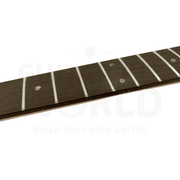 Rosewood fretboard close-up with frets and dot inlays, WR mahogany bass kit - Guitar Kit World