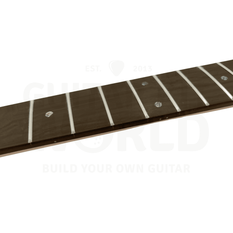 Rosewood fretboard close-up with frets and dot inlays, WR mahogany bass kit - Guitar Kit World