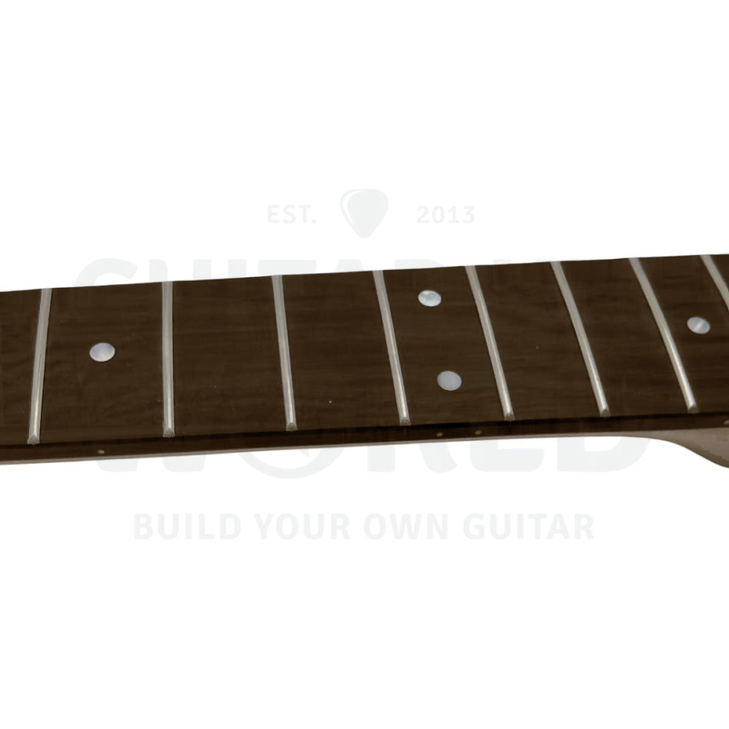 Rosewood fretboard close-up with frets and dot inlays, mahogany JM-style bass kit - Guitar Kit World
