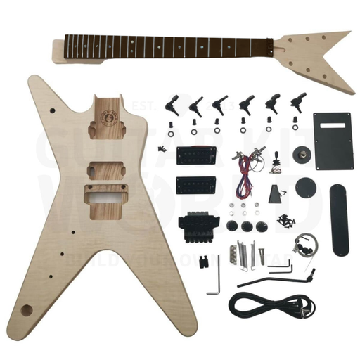 Left-handed Heavy Metal guitar kit: ash body with flame maple top, rosewood fretboard neck, black hardware - Guitar Kit World