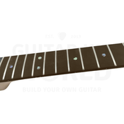 Close-up of the rosewood fretboard with frets and abalone pearloid dot inlays, Heavy Metal kit - Guitar Kit World