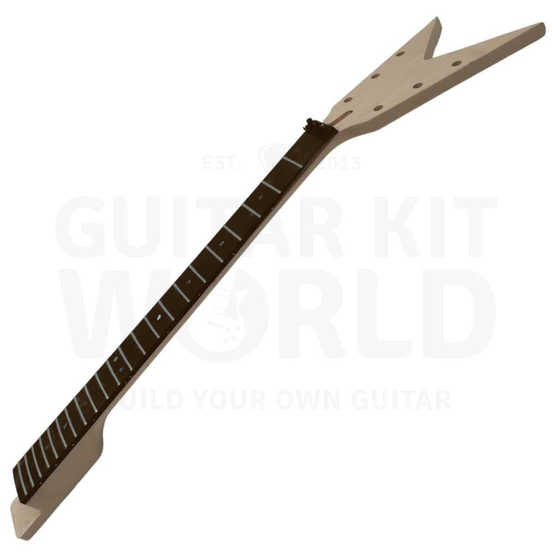Angled Heavy Metal kit neck showing the rosewood fretboard and pointed headstock - Guitar Kit World