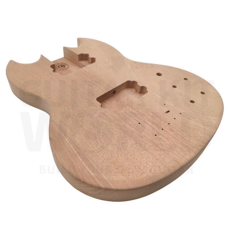 Devil-Horn mahogany bass body side profile, solid body construction