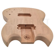 Devil-Horn mahogany bass body top view with Guitar Kit World brand stamp in neck pocket