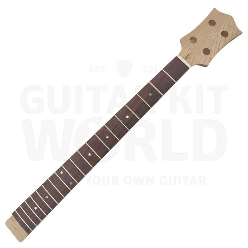 Rosewood fretboard detail with pearl white dot inlays and nickel frets, Devil-Horn bass kit
