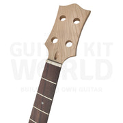 Devil-Horn bass neck heel detail, set-in neck joint