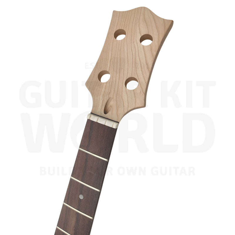 Devil-Horn bass neck heel detail, set-in neck joint