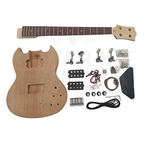 Complete Devil-Horn short-scale bass guitar kit laid out: mahogany body, maple neck with rosewood fretboard, two humbucker pickups, chrome hardware, wiring harness and black pickguard