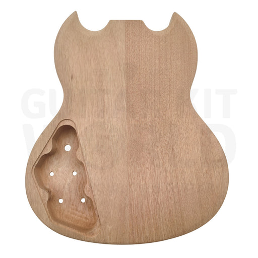 Devil-Horn mahogany bass body rear view showing routed control cavity