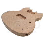 Devil-Horn mahogany bass body angled top view showing pickup routes and set-in neck pocket