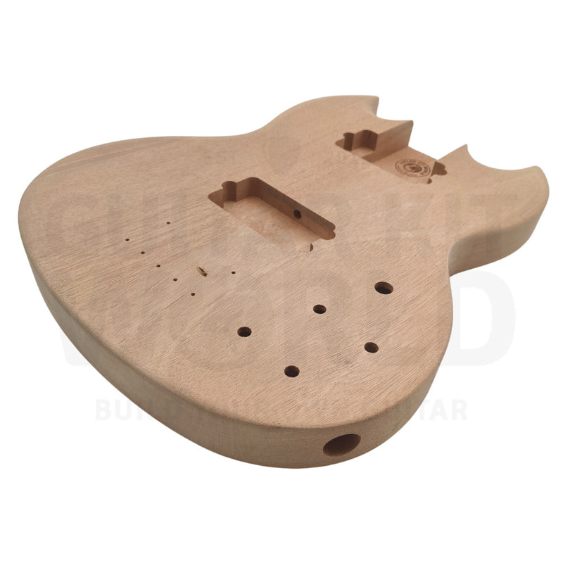 Devil-Horn mahogany bass body angled top view showing pickup routes and set-in neck pocket
