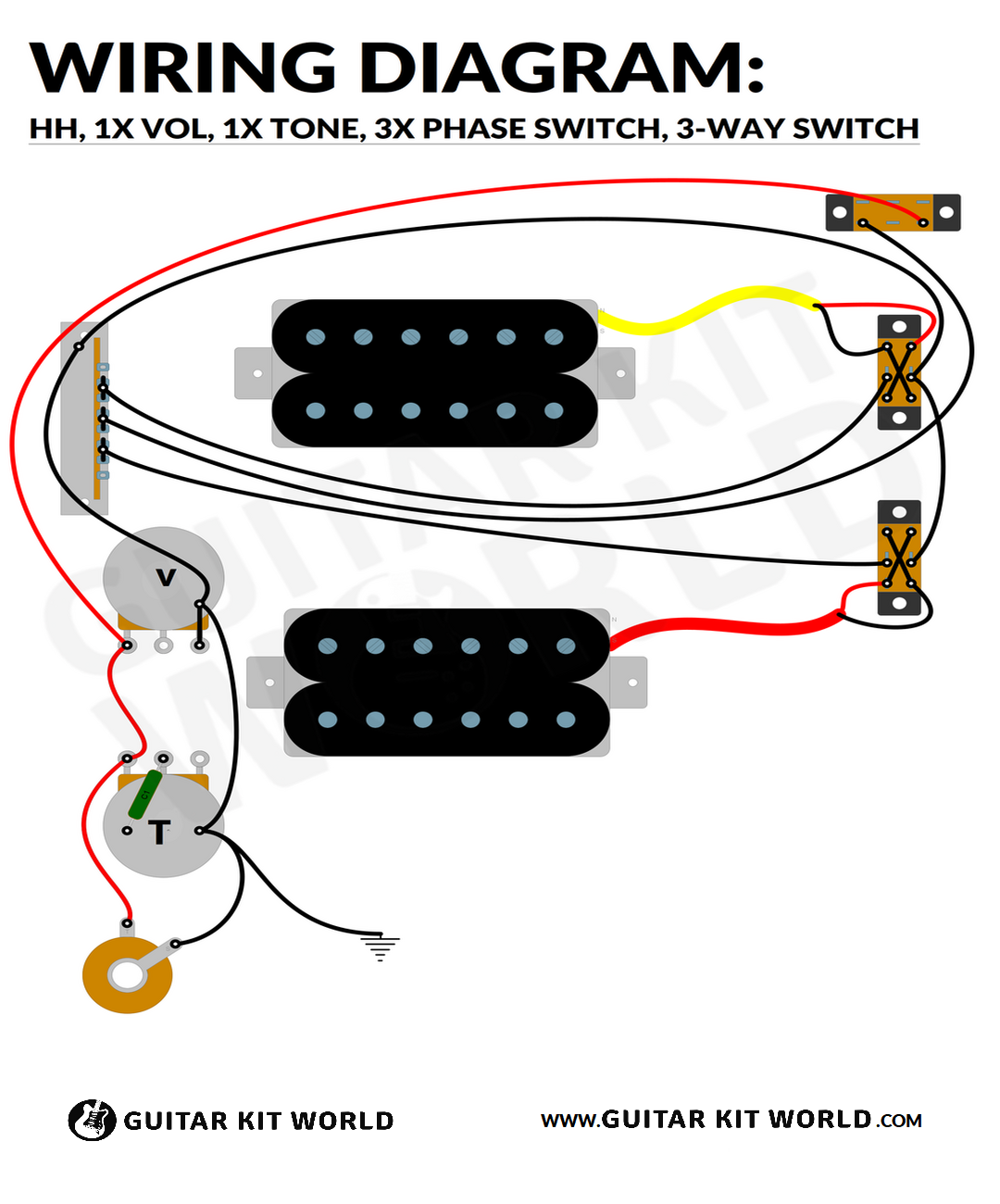 HH Wiring Diagram: 1 Volume, 1 Tone, Phase Switches, 5-Way Switch for DIY guitar kits