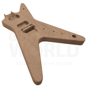 Heavy metal guitar kit mahogany body angled view showing humbucker routes and tremolo cavity - Guitar Kit World