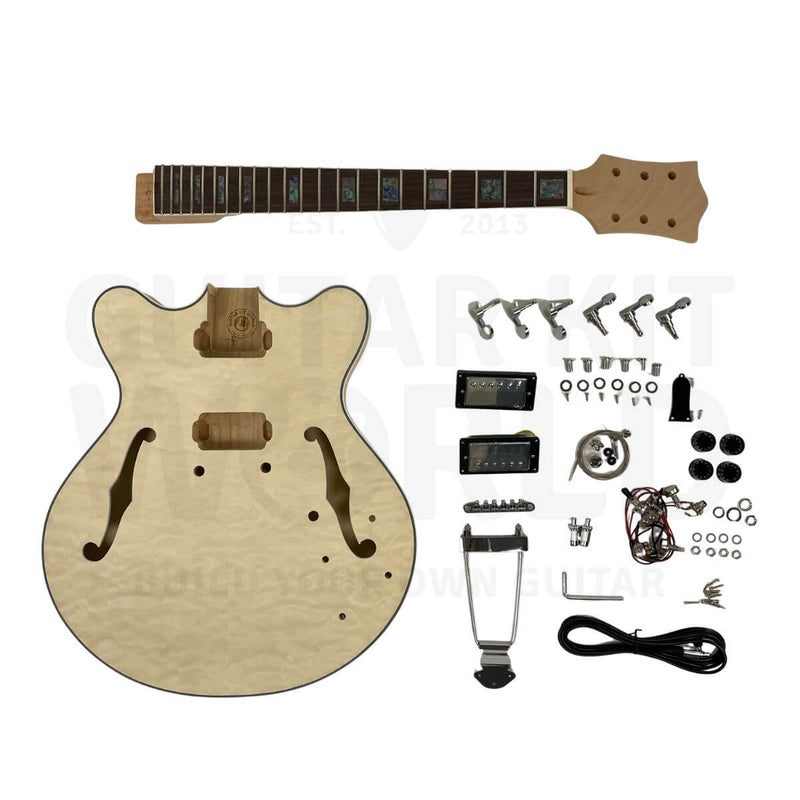 Semi-Hollow Double-Cutaway Electric Guitar Kit with flame maple veneer, full kit flat lay