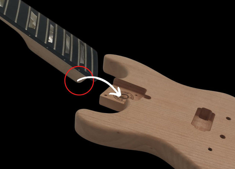 A figure from a written manual: the neck heel circled in red and an arrow pointing to the matching pocket in the body