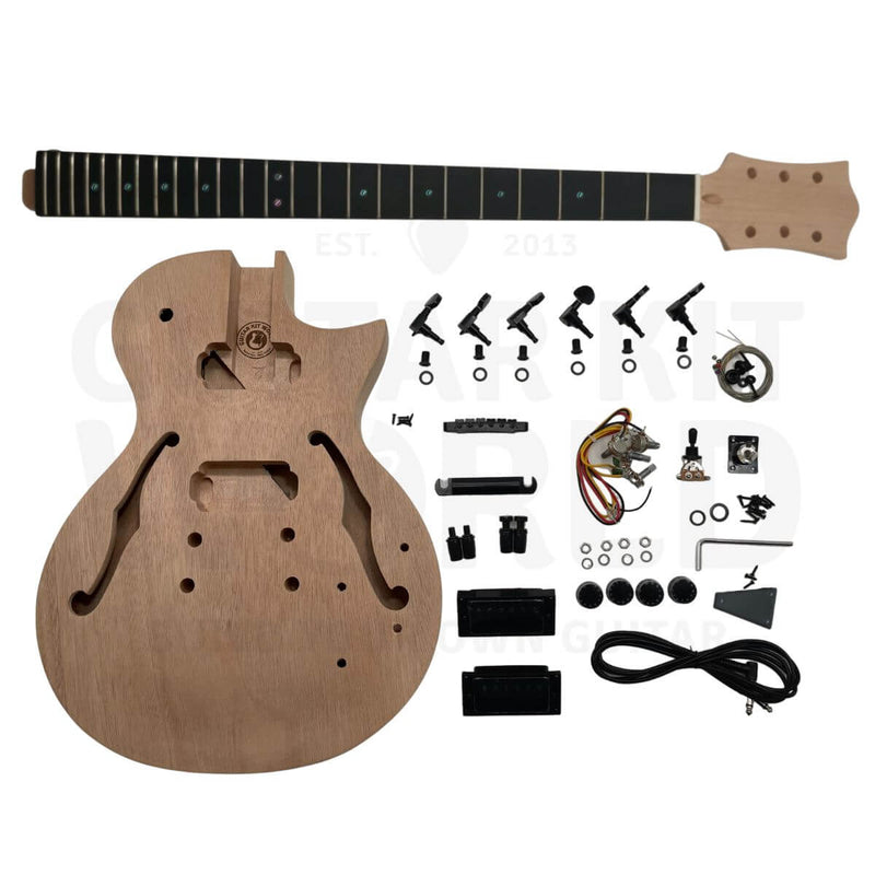 Mahogany L2 Baritone 30 inch semi-hollow archtop guitar kit with ebony fretboard, full kit flat lay