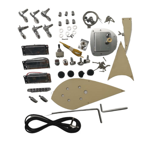 Guitar kit hardware including bridge, tuning machines, and pickups on a plain background.