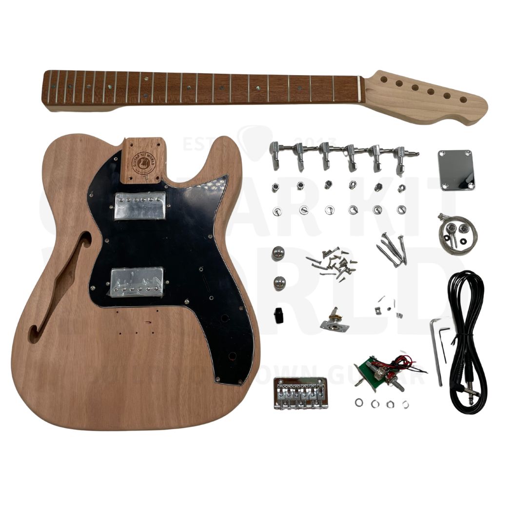 Thin semi-hollow single-cutaway electric guitar kit with mahogany body and pau ferro fretboard, Guitar Kit World