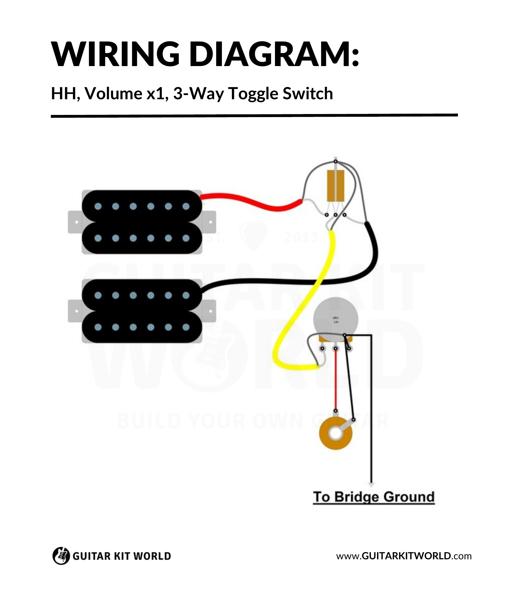 HH Wiring Diagram: 1 Volume, 3-Way Toggle, No Tone for DIY guitar kits