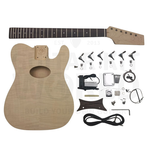 Acoustic-electric semi-hollow guitar kit parts: veneered body, neck, piezo EQ, tuners, floating bridge - Guitar Kit World