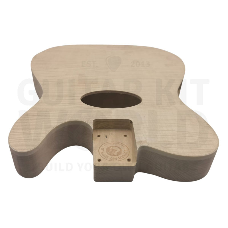 Angled unfinished flame maple veneer body showing sound hole, neck pocket and semi-hollow depth - Guitar Kit World