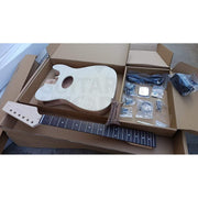 Acoustic semi-hollow T-style guitar kit unboxed: flame maple body with F-hole, maple neck, rosewood bridge, hardware