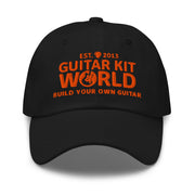 Black Grounded Dad Hat, orange stitched Guitar Kit World logo, front view