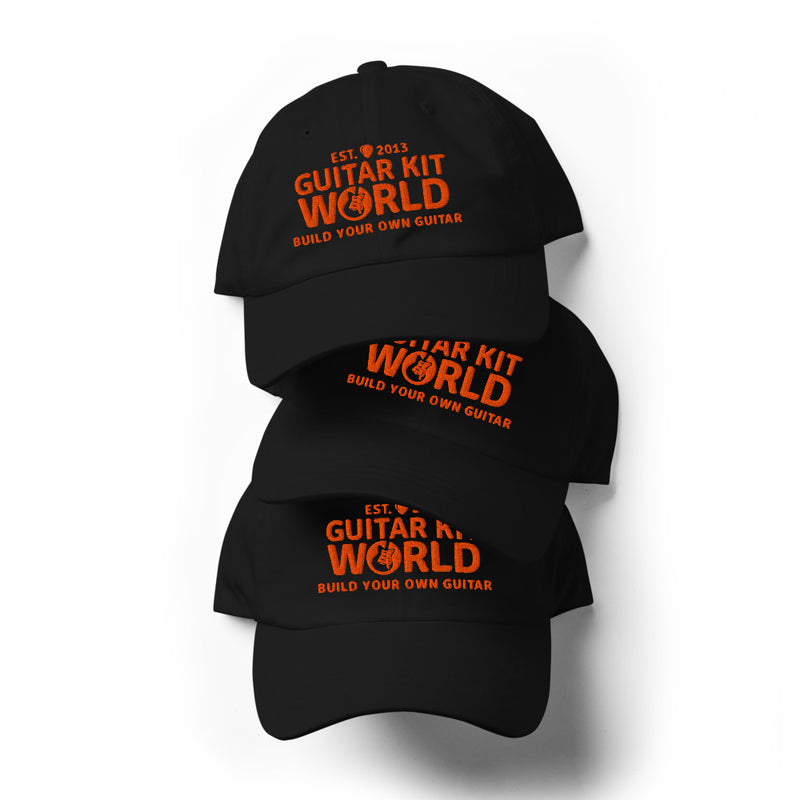 Black Grounded Dad Hat, orange stitched Guitar Kit World logo, stacked
