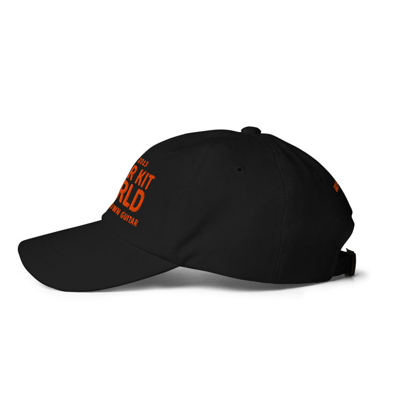 Black Grounded Dad Hat, orange stitched Guitar Kit World logo, side view