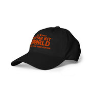 Black Grounded Dad Hat, orange stitched Guitar Kit World logo, side view