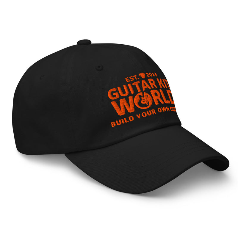 Black Grounded Dad Hat, orange stitched Guitar Kit World logo, three-quarter view