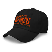 Black Grounded Dad Hat, orange stitched Guitar Kit World logo, three-quarter view