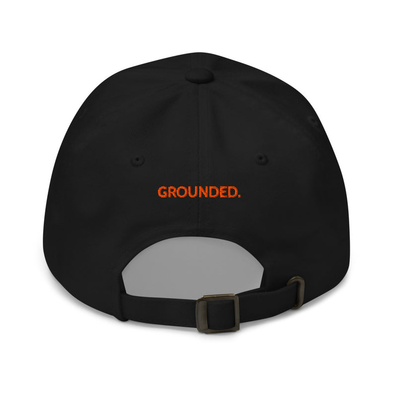 Black Grounded Dad Hat, orange stitched Guitar Kit World logo, back view with GROUNDED. stitched in orange