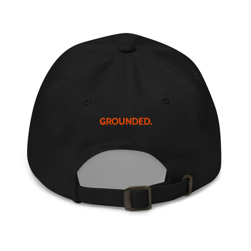 Black Grounded Dad Hat, orange stitched Guitar Kit World logo, back view with GROUNDED. stitched in orange