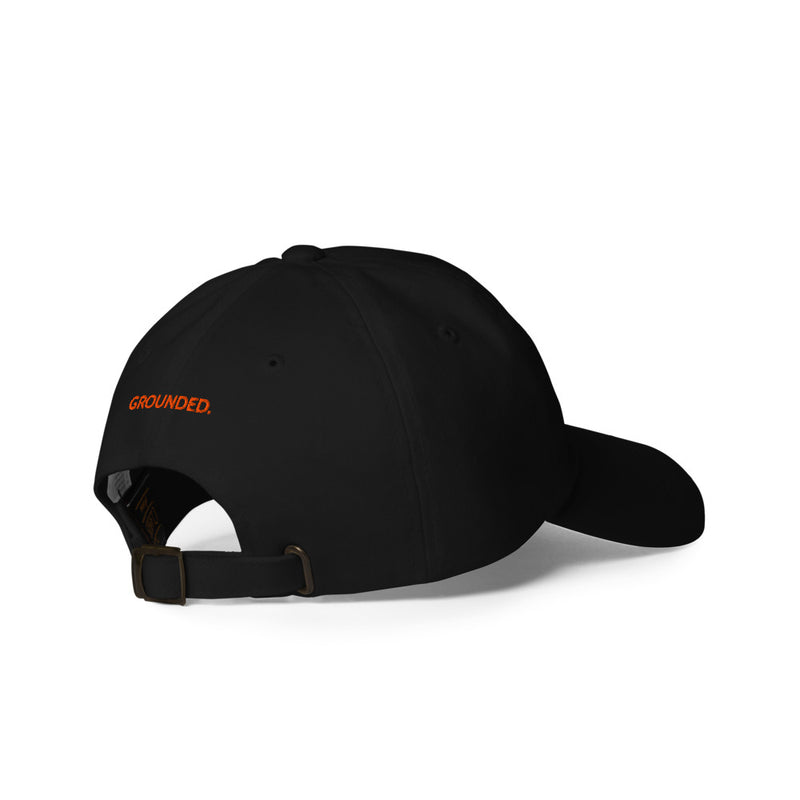 Black Grounded Dad Hat, orange stitched Guitar Kit World logo, back three-quarter view