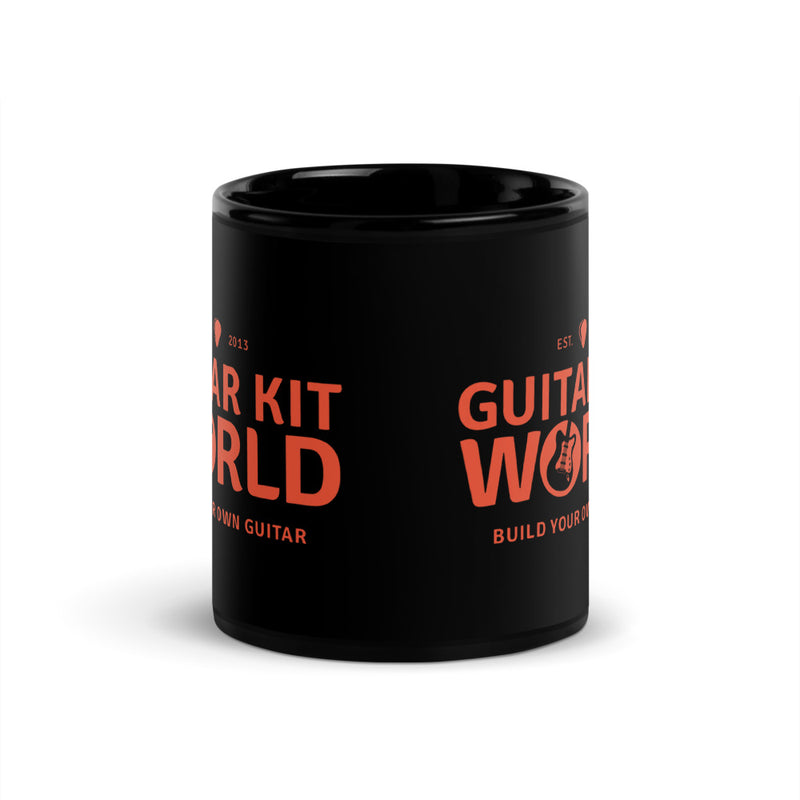Builder's Coffee Mug, 11 oz, all black with an orange Guitar Kit World logo, logo wrap, center view
