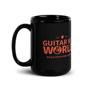 Builder's Coffee Mug, 15 oz, all black with an orange Guitar Kit World logo, handle on the left, the logo is on both sides