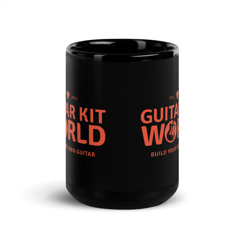 Builder's Coffee Mug, 15 oz, all black with an orange Guitar Kit World logo, logo wrap, center view