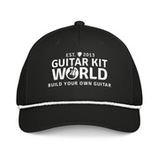 Black First Strum Rope Cap, white stitched Guitar Kit World logo and white rope, front view