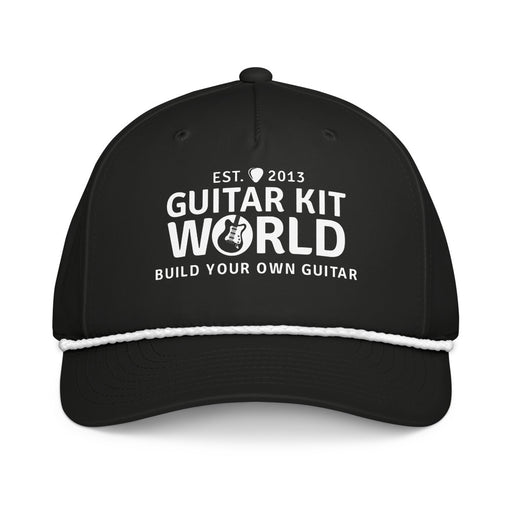 Black First Strum Rope Cap, white stitched Guitar Kit World logo and white rope, front view