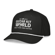 Black First Strum Rope Cap, white stitched Guitar Kit World logo and white rope, three-quarter view