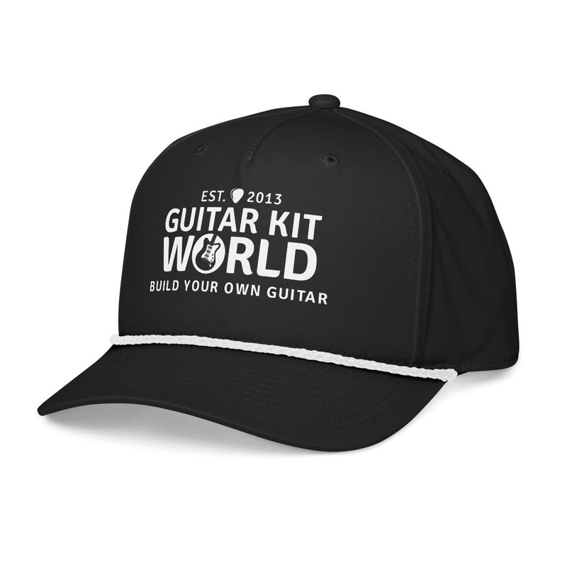 Black First Strum Rope Cap, white stitched Guitar Kit World logo and white rope, three-quarter view