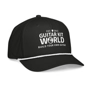 Black First Strum Rope Cap, white stitched Guitar Kit World logo and white rope, three-quarter view showing the white rope