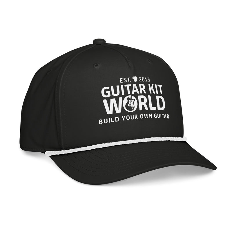 Black First Strum Rope Cap, white stitched Guitar Kit World logo and white rope, three-quarter view showing the white rope