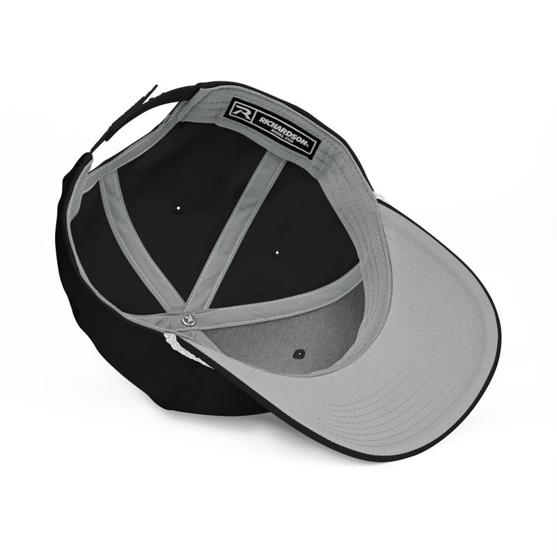Black First Strum Rope Cap, white stitched Guitar Kit World logo and white rope, underside