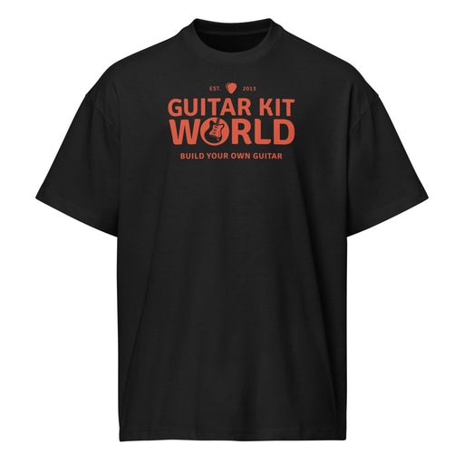 Black Properly Grounded Heavyweight Tee, orange Guitar Kit World logo, front view