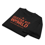 Black Properly Grounded Heavyweight Tee, orange Guitar Kit World logo, folded